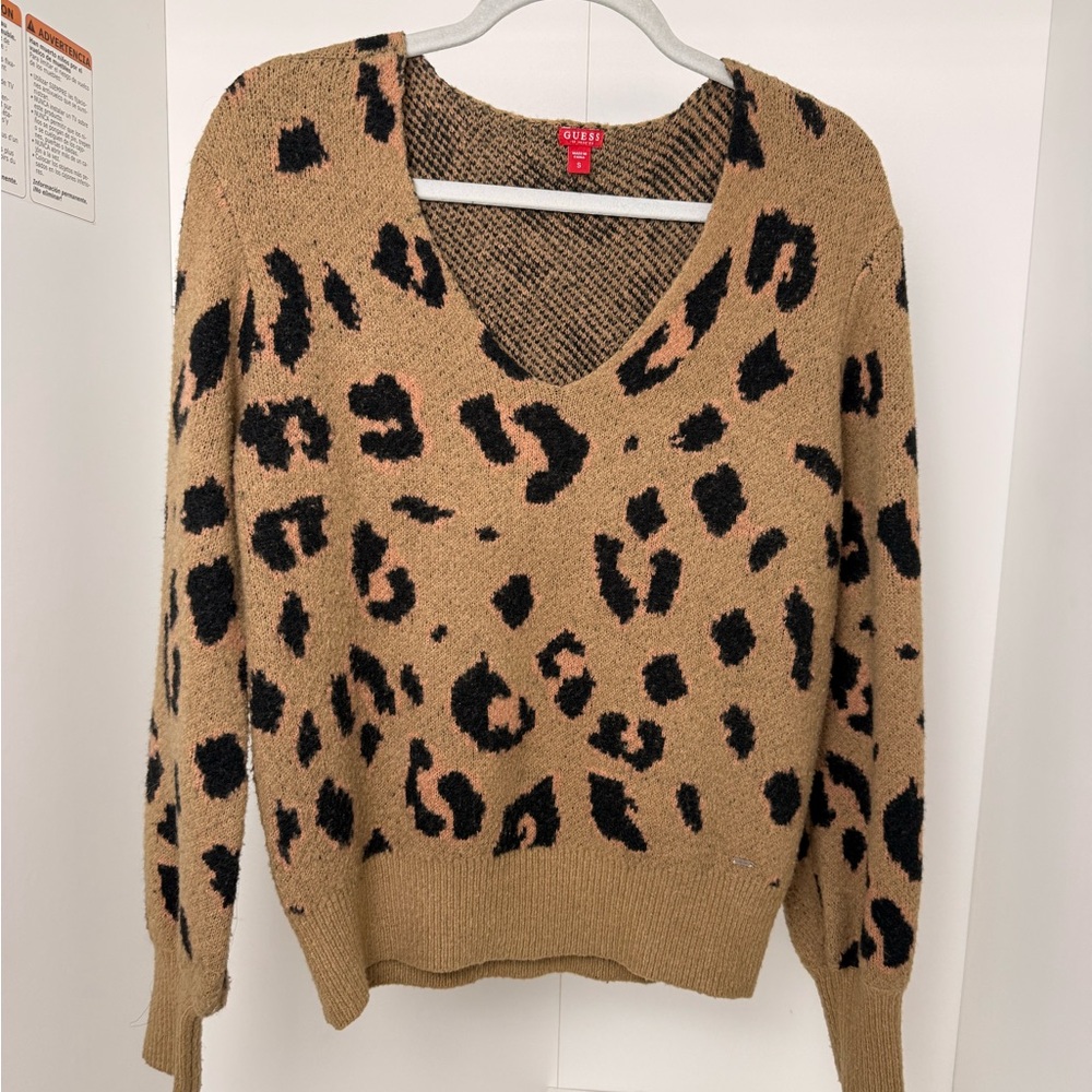 Guess Leopard Print V-Neck Sweater in Camel and Black